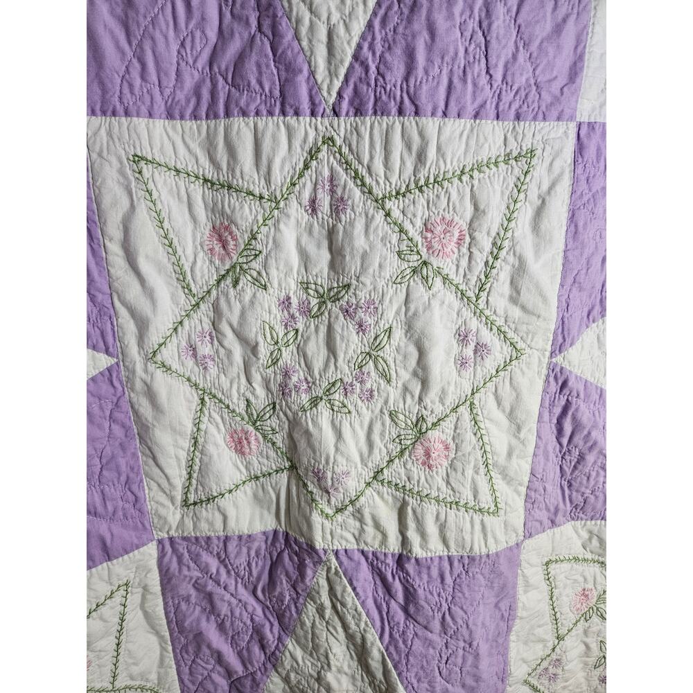 Vintage Handmade Embroidered Starburst Quilt 76x74 Purple White Full Size - Picture 6 of 13